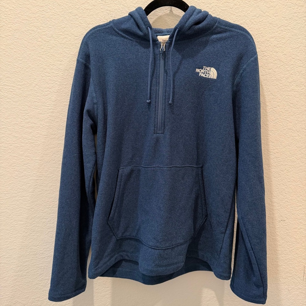 The North Face Mens Blue Textured Fleece Quarter Zip Hoodie Medium